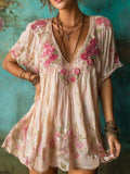 Vintage Boho Flower Embroidery Women's V-neck Loose Mini Dress elevenforest