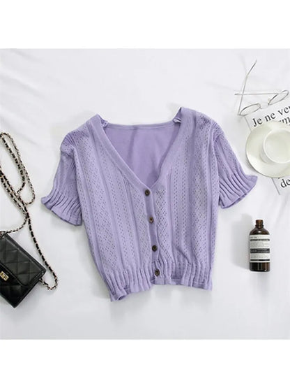 T-shirts V-neck Button Up Tees Short Sleeve T-shirts Knitted Cadigans Crop Tops for Summer Tee