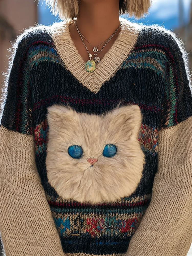 Women's Colorful Striped Plush Cat Pattern Embroidered V-neck Knit Sweater