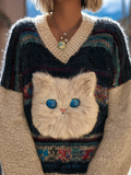 Comstylish Women's Colorful Striped Plush Cat Pattern Embroidered V-neck Knit Sweater