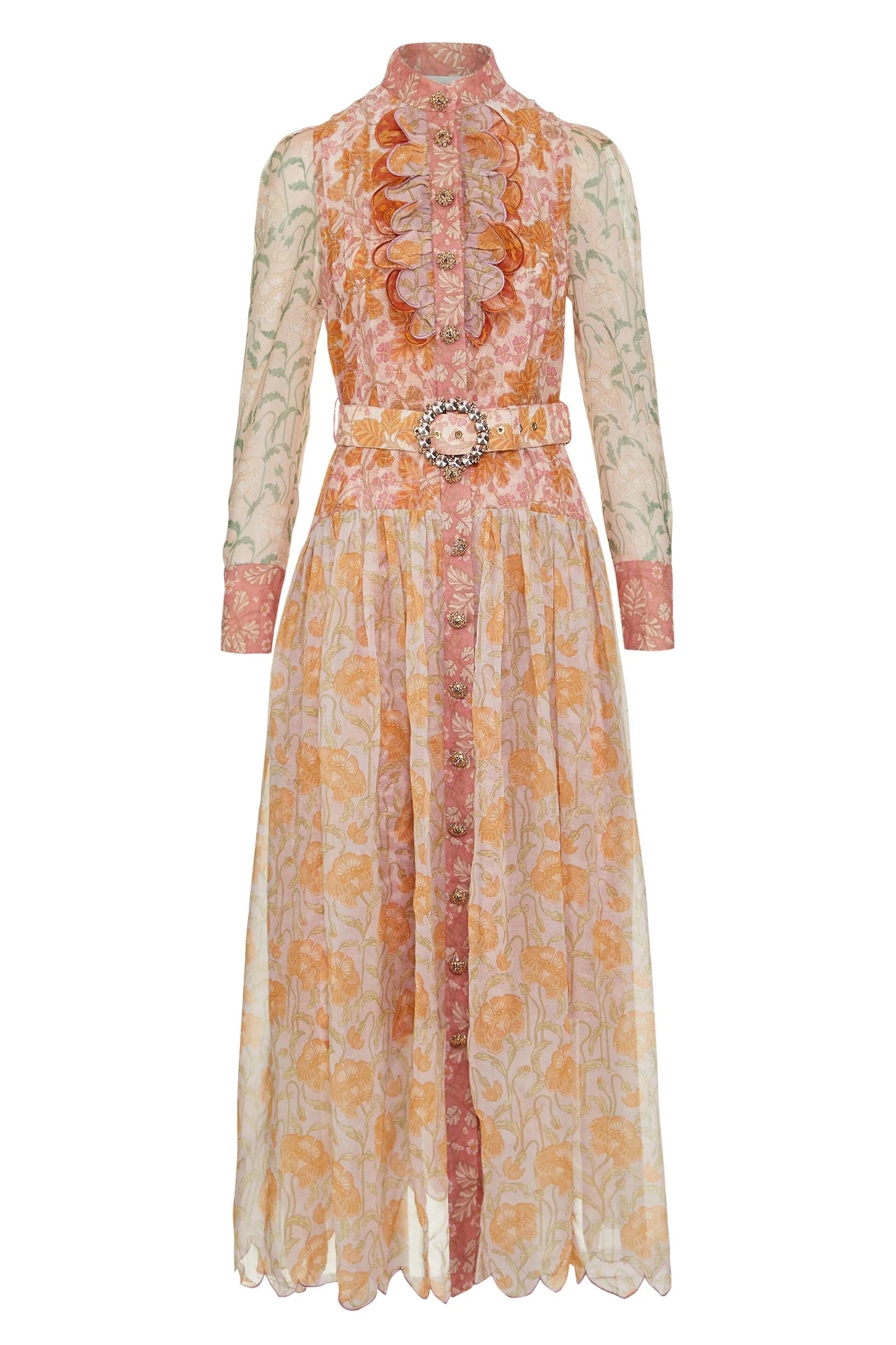 Splicing Long Sleeve Midi Dress With Belt