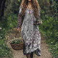 Vintage Tribal Floral Art Embroidered Linen Blend Maxi Dress elevenforest
