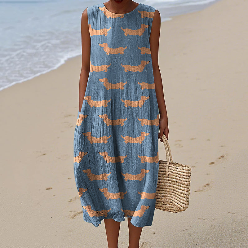 Women's Cute Dachshund Color Block Art Print Sleeveless Dress elevenforest