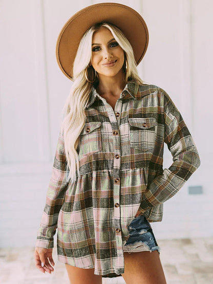 Loose Checkered Lapel Blouses&shirts Tops
