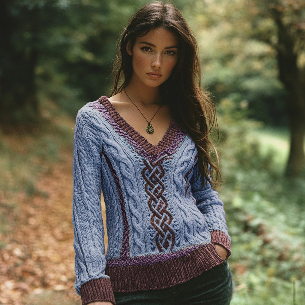 Vintage V-neck Knitted Two-tone Jacquard Irish Aran Sweater elevenforest