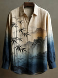 Vintage Japanese Landscape Men's Linen Long Sleeve Shirt elevenforest