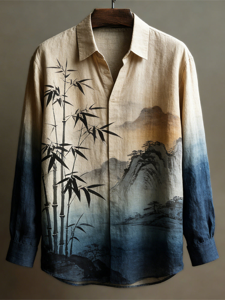 Vintage Japanese Landscape Men's Linen Long Sleeve Shirt elevenforest
