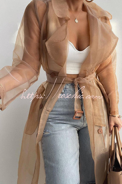 Color Patchwork Button Belt Pocket Long Sleeve Coat