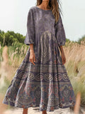 Women's Vintage Ethnic Paisley Collage Print Flowy Cotton Crew Neck Dr