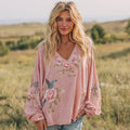 Women's Bohemian Pink Floral And Birds Art V-neck Long-sleeved T-shirt elevenforest