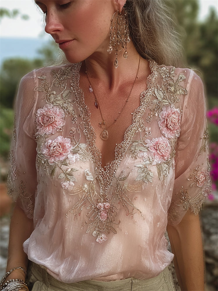 Vintage Boho Roses Embroidered Lace Flowy Linen Tunic elevenforest