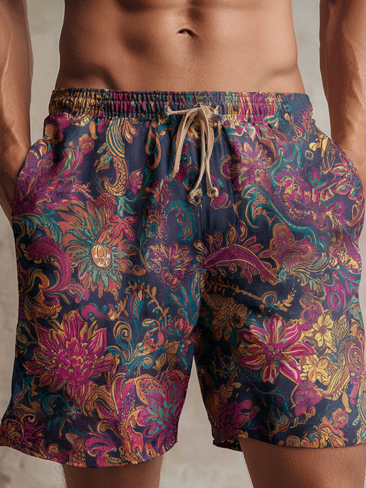 Western Bohemian Style Plant And Flower Pattern Retro Cotton And Linen Loose Wide-leg Shorts elevenforest