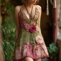 Retro Rink Roses Embroidered Patchwork Linen Mini Dress elevenforest