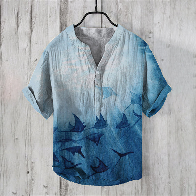 Manta Rays Art Print Linen Blend Casual Shirt elevenforest