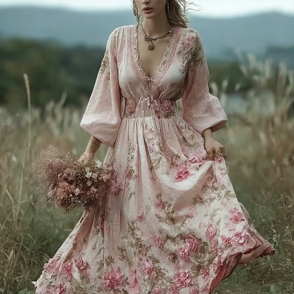 Bohemian Forest Farmhouse Retro Floral Printed Women's V-neck Cotton And Linen Dress elevenforest