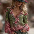 Women's Rose And Stars Embroidered Casual V-neck T-shirt