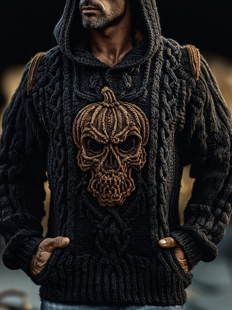 Men's Halloween Spooky Pumpkin Skull Chunky Hooded Sweater elevenforest