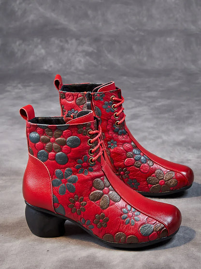Retro Leather Flower Print Chunky Heel Boots