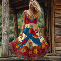 Bohemian Style Flower And Bird Pattern Retro Print Women's Dress elevenforest