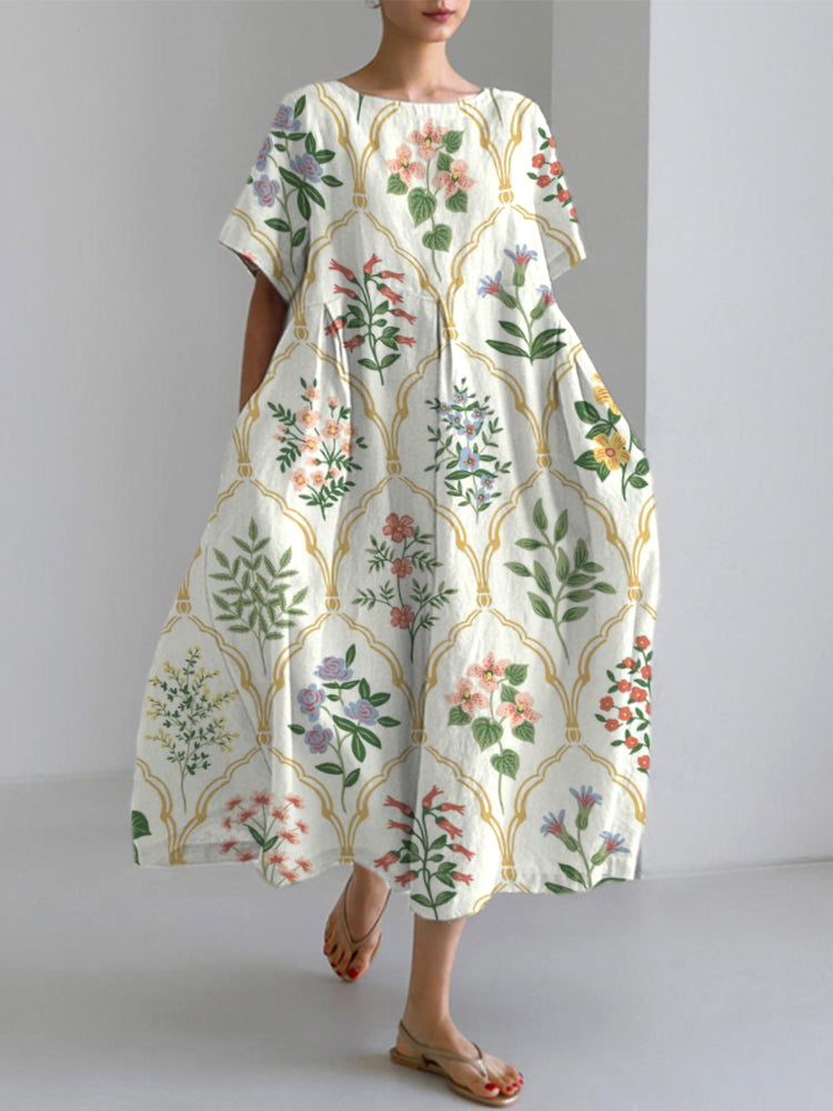Bohemian Floral Pattern Linen Blend Dress elevenforest