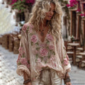 Women's Classic Rose Embroidery Art Linen Blend T-shirt elevenforest
