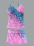 Women's Colorful Sequin Printed Suspender Shirred Swimsuit Set