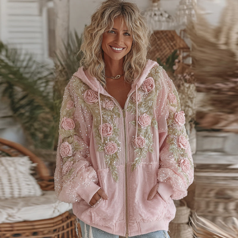 Women's Vintage Pink Rose Embroidery Cozy Warm Zipper Hoodie elevenforest