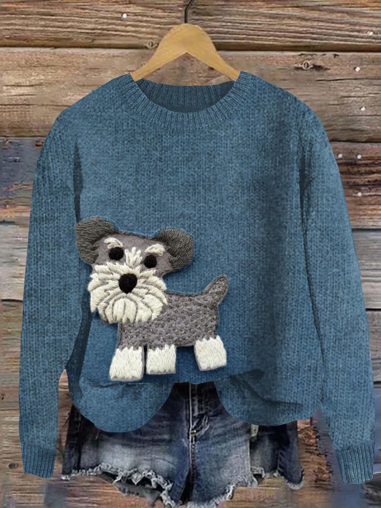 Comstylish Funny Mini Schnauzer Felt Applique Cozy Sweater