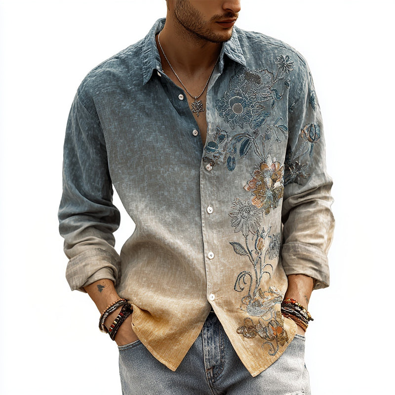 Men's Vintage Boho Floral Embroidered Gradient Linen Shirt elevenforest