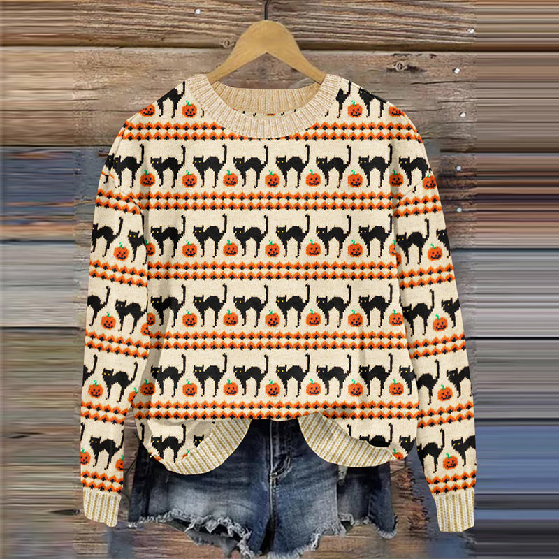 Halloween Pumpkin Cat Print Knitted Pullover Sweater artswardrobe