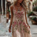 Women's Vintage Rose Embroidery Art Comfy Linen Tank Dress elevenforest