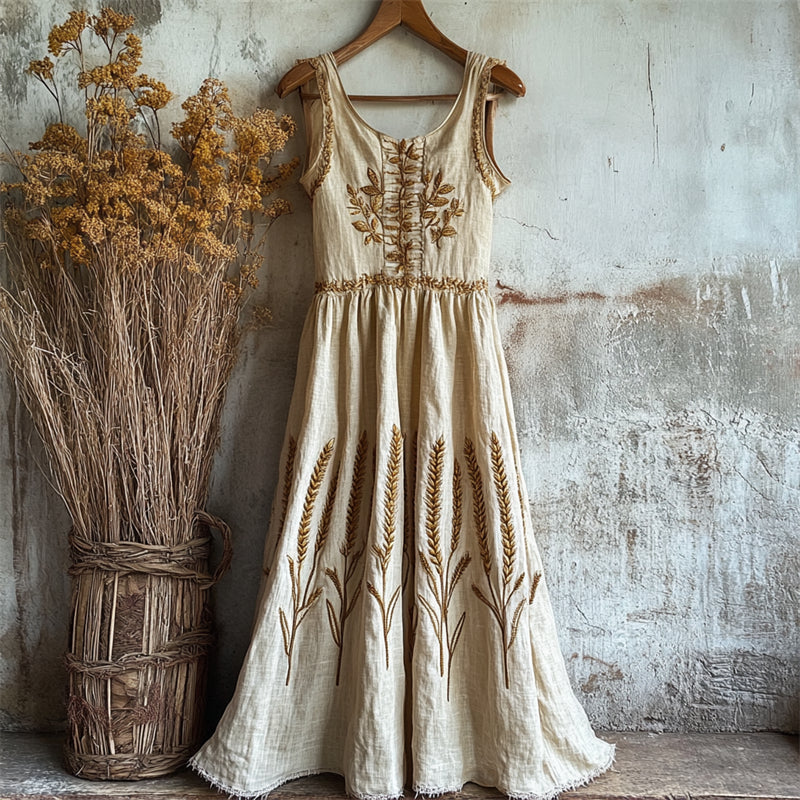 Lammas Vintage Wheat Embroidered Linen Maxi Dress elevenforest