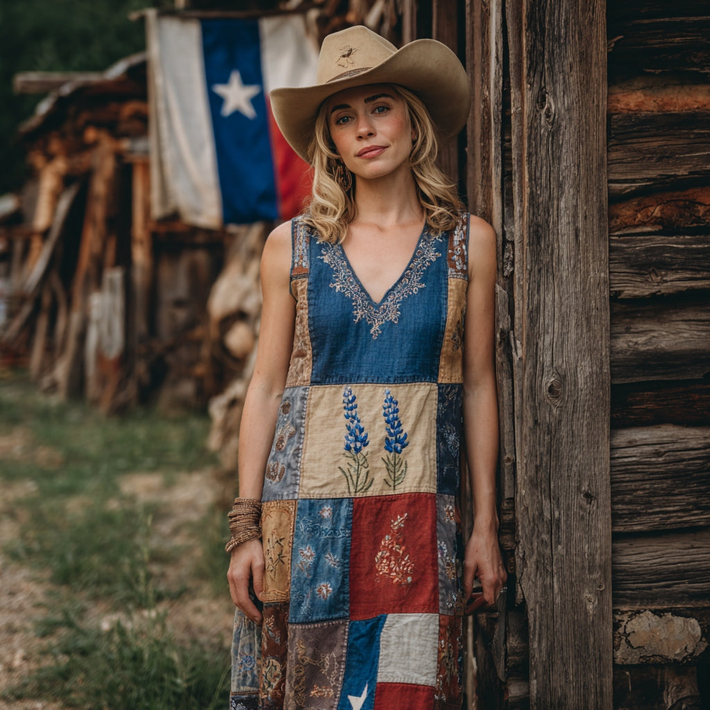Women's Western Texas Flag Patchwork Bluebonnets Embroidered Print V-neck Tank Midi Dress elevenforest