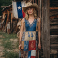 Women's Western Texas Flag Patchwork Bluebonnets Embroidered Print V-neck Tank Midi Dress elevenforest