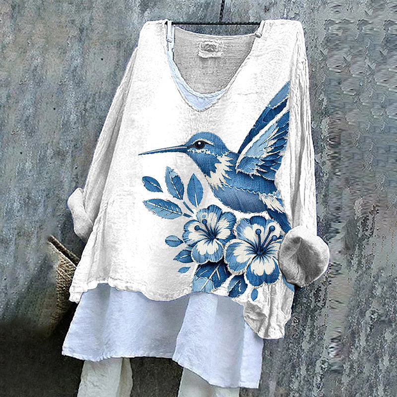 Comstylish Women's Floral And Bird Art Linen Long-sleeved Shirt
