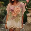 Women's Vintage Floral Gradient Pattern Crew Neck T-shirt elevenforest