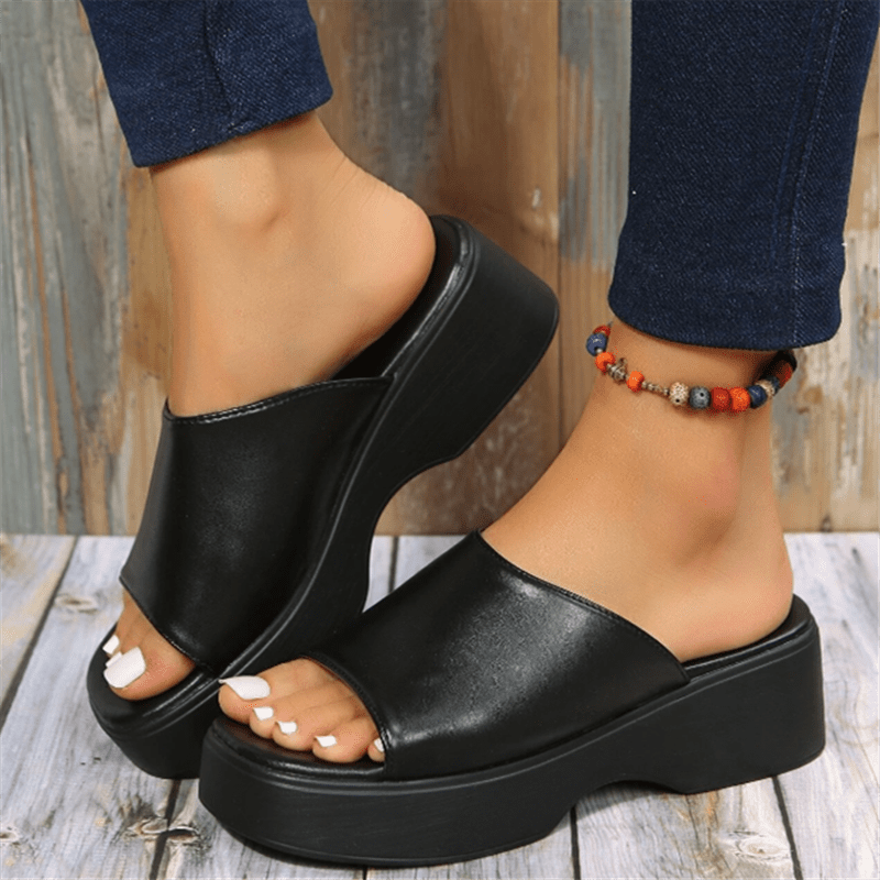 Platform Wedge Slides, Black Square Open Toe Non Slip Slippers, Outdoor Slides Se1046