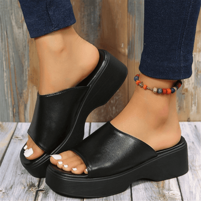 Platform Wedge Slides, Black Square Open Toe Non Slip Slippers, Outdoor Slides Se1046