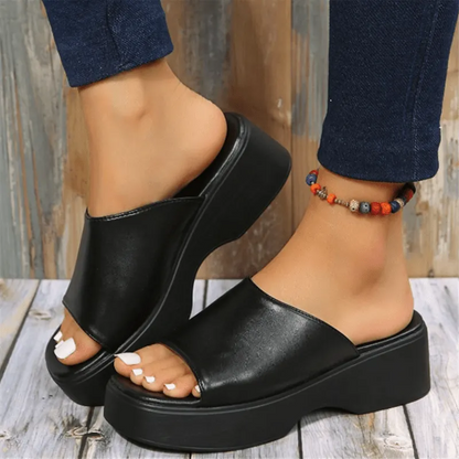 Platform Wedge Slides, Black Square Open Toe Non Slip Slippers, Outdoor Slides Se1046