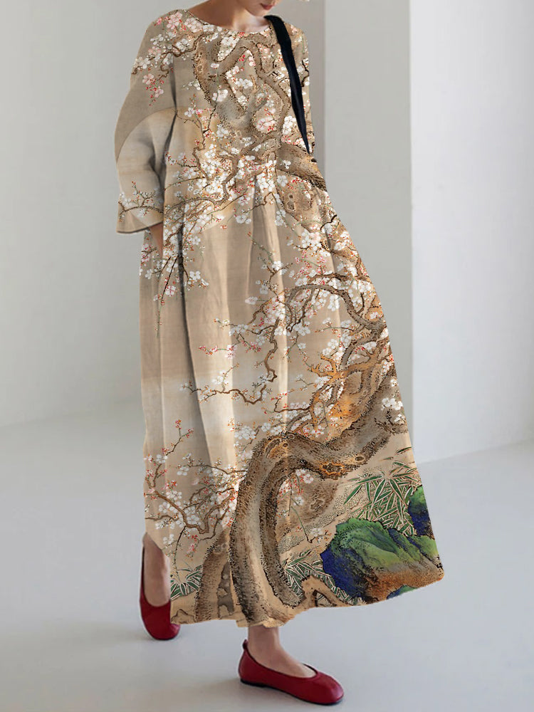Comstylish Vintage Japanese Plum Blossoms Art Flowy Linen Maxi Dress