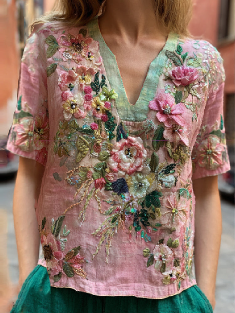 Bohemian Style Pink Three-dimensional Flower Embroidery Vintage Pink-green V-neck Short-sleeved Shirt elevenforest