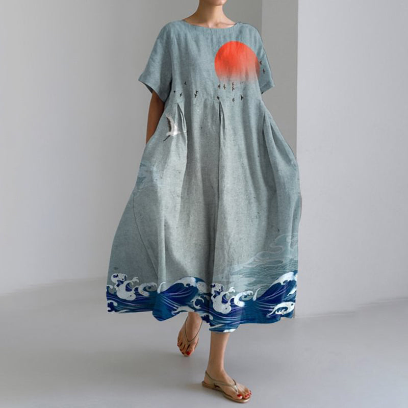 Japanese Art Print Short Sleeve Loose Midi Dress elevenforest