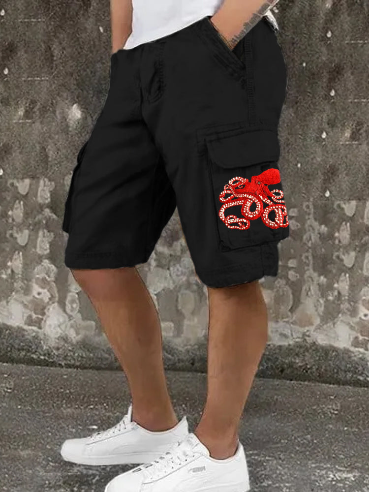 Deep Sea Octopus Embroidered Pattern Men's Work Shorts