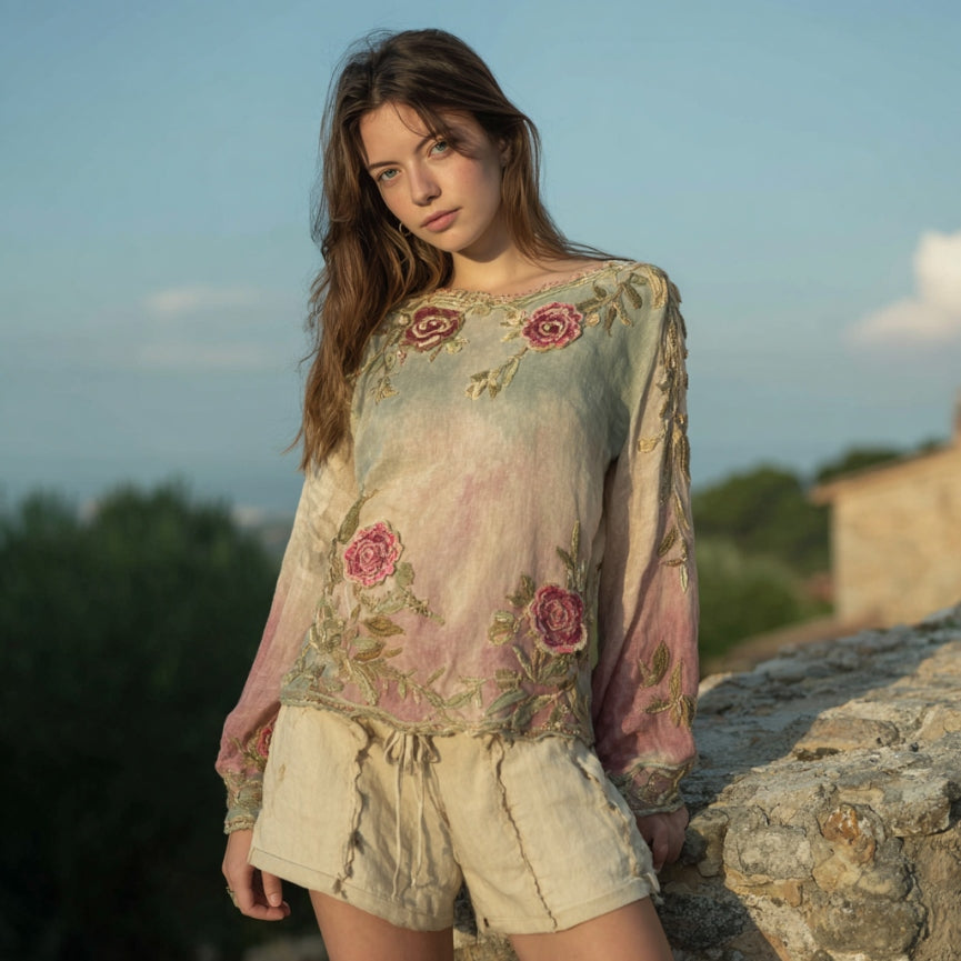 Vintage Pink Floral Embroidered Linen Long Sleeve Shirt elevenforest