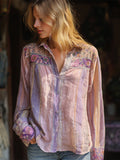Rustic Boho Floral Vintage Stripe Women's Linen Shirt elevenforest