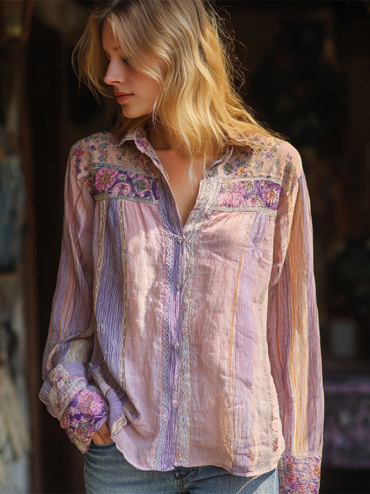 Rustic Boho Floral Vintage Stripe Women's Linen Shirt elevenforest