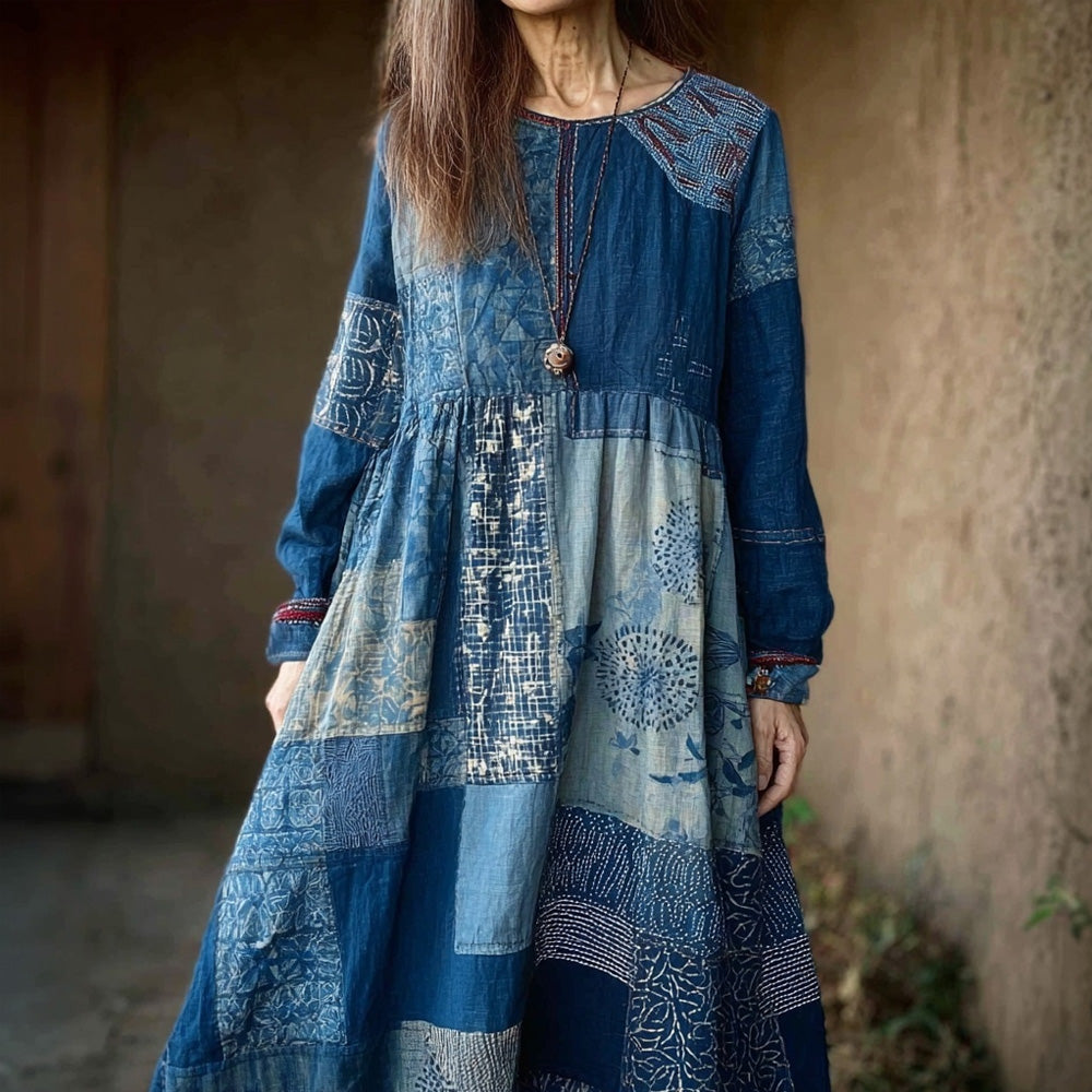 Comstylish Vintage Japanese Sashiko Art Cozy Linen Maxi Dress