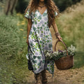 Women's Vintage Floral Print V-neck Linen Blend Midi Dress elevenforest