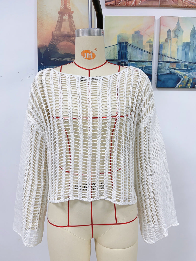 Spring Summer Knitwear Hand Crocheting Blouse Off the Shoulder Hollow Out Cutout Knitted Knitwear