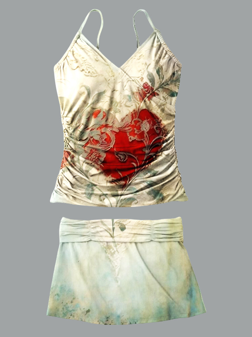 V-Neck Vintage Heart Art Print Suspender Skirt Tankini Pantskirt Set Swimsuit